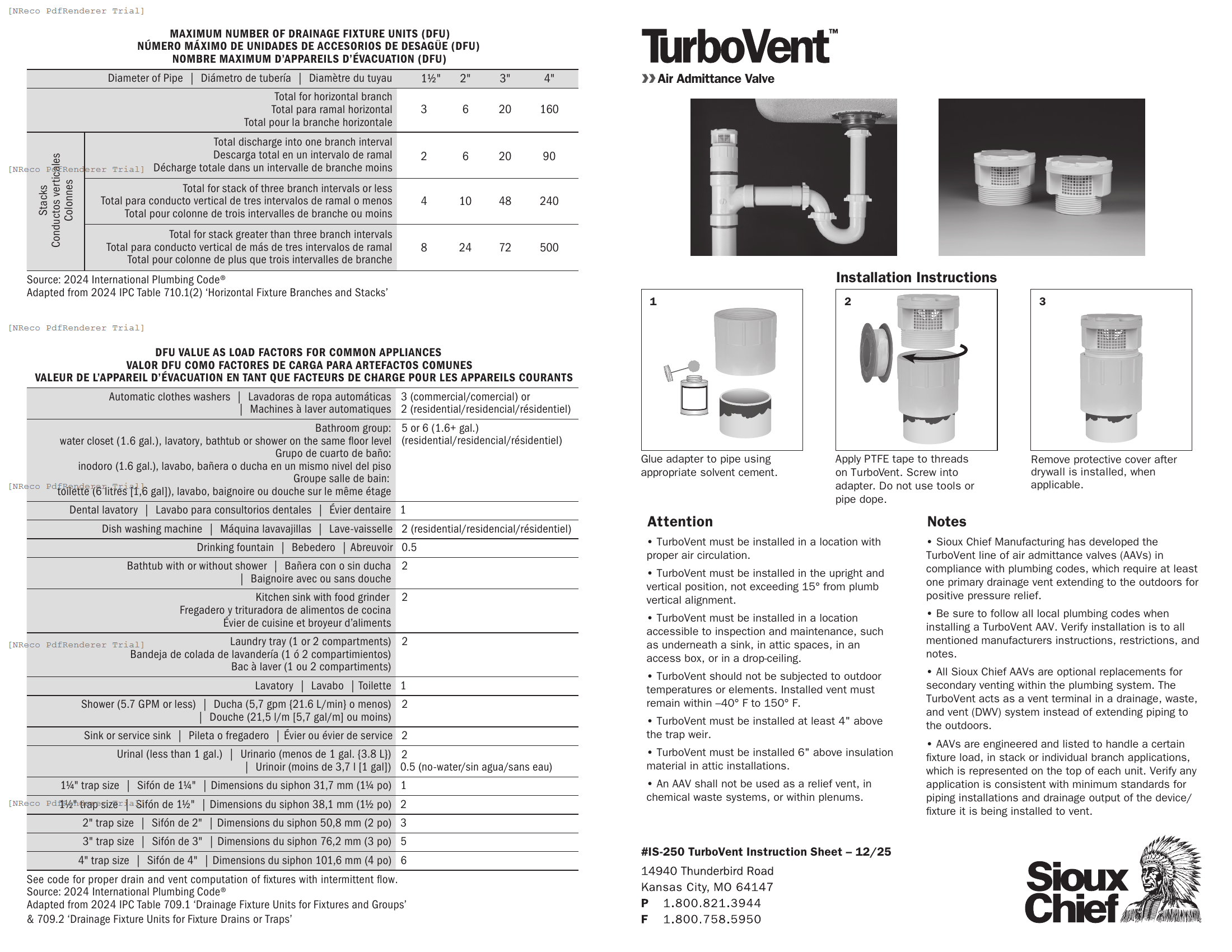 250 SERIES - TURBOVENT AIR ADMITTANCE VALVE - INSTRUCTION SHEET.PDF Technical Document